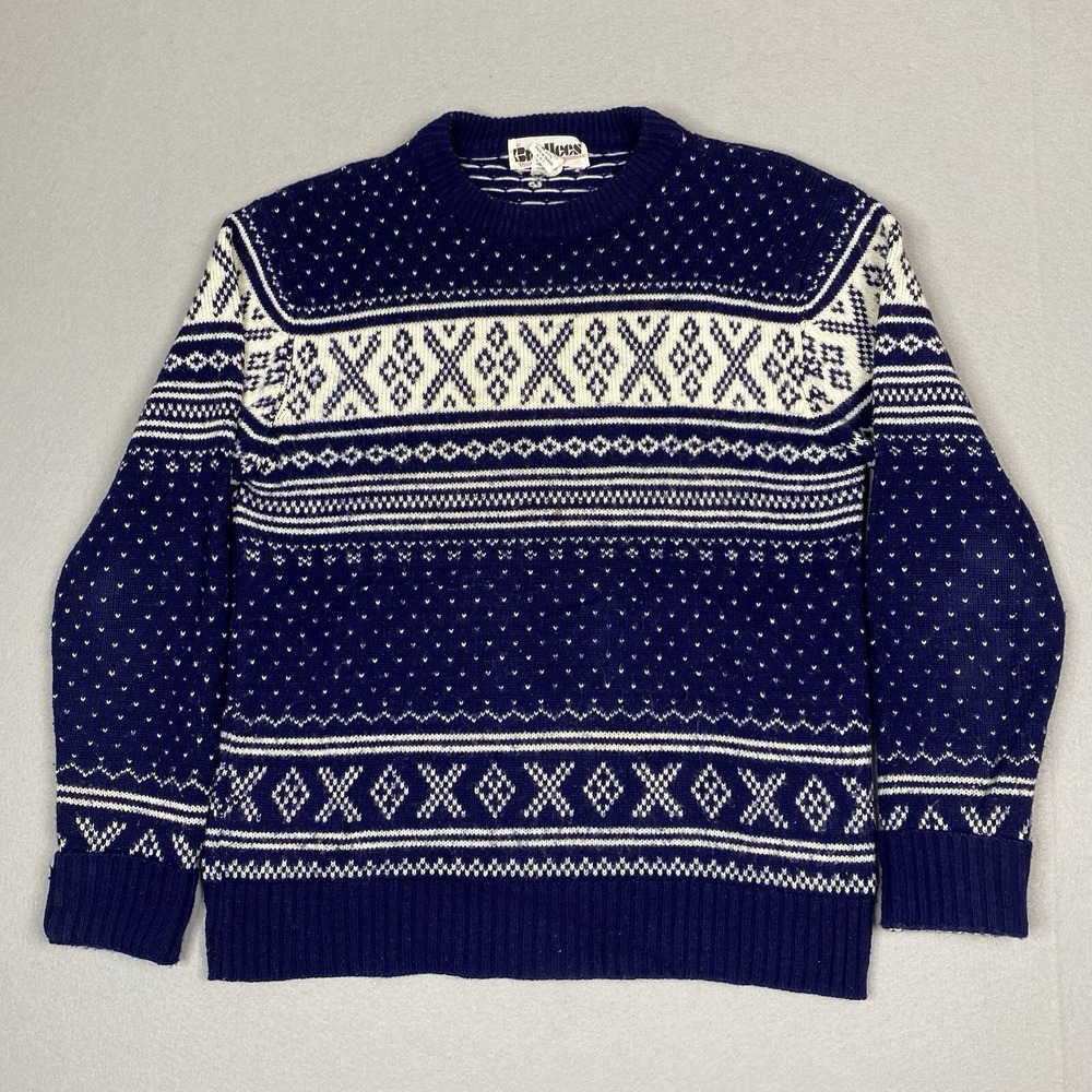 Vintage Nordic Fair Isle Sweater Birdseye Womens Medium Blue Crewneck 90s READ